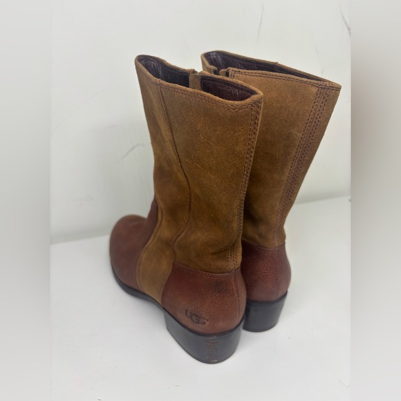 UGG Lou Two Toned Leather Round Toe Zip Up Flat Tall Boots Brown Auburn 8 - Picture 4 of 5